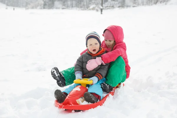 Broer en zus rodelen in een besneeuwde winterlandschap — Stockfoto