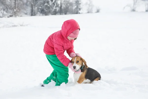 Malá dívka si hraje se svým psem v zasněžené krajině — Stock fotografie