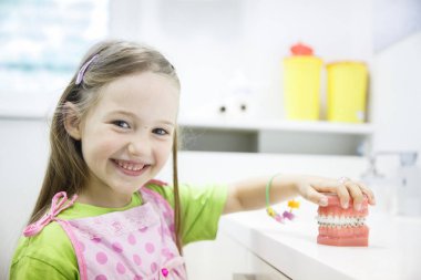 Girl holding model of human jaw with dental braces clipart