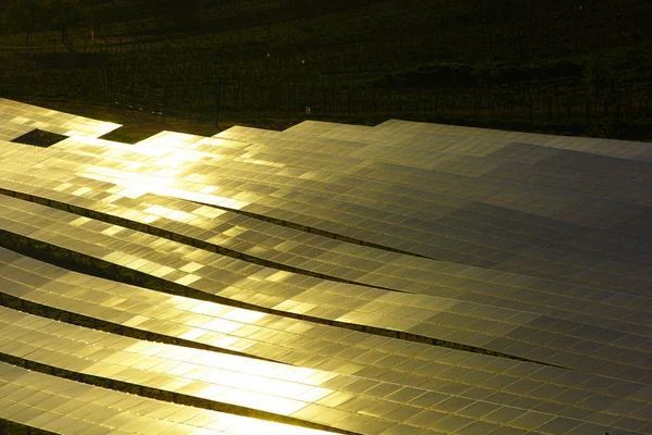 Panouri solare fotovoltaice în lumina soarelui strălucitor — Fotografie, imagine de stoc
