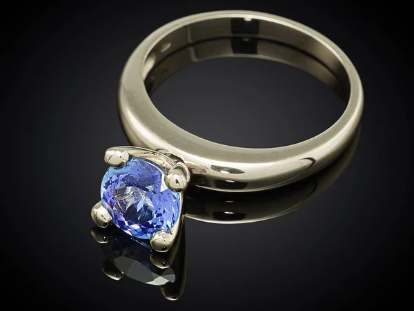 Silver ring with gemstone isolated on black background — Stock Photo, Image