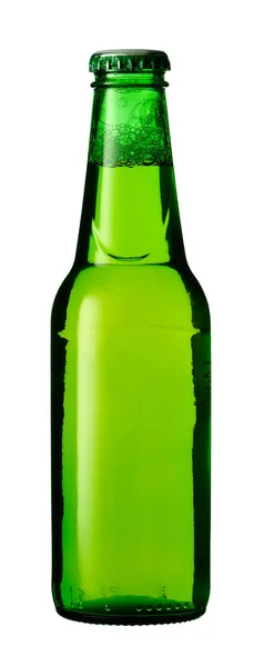 Beyaz arka planda yeşil bira şişesi. — Stok fotoğraf