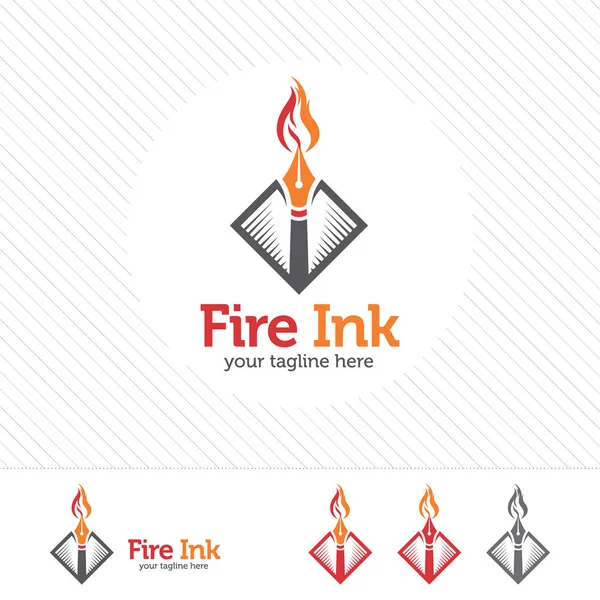 Tinta de fuego vector de diseño de logotipo pluma. Concepto creativo de pluma y símbolo de fuego  . — Vector de stock