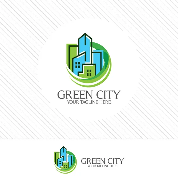 Diseño de logotipo verde de la ciudad vector. Símbolo icono de residencial, apartamento y paisaje de la ciudad. Propiedades vector de construcción . — Archivo Imágenes Vectoriales