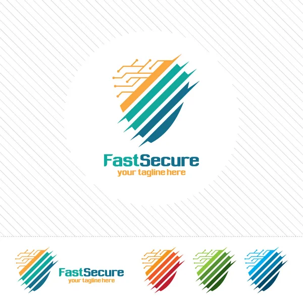Schild veiligheid logo ontwerp vector. Security guard symboolpictogram. Bescherming schild vector met technologie symbool. — Stockvector