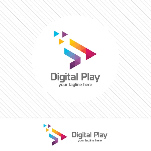 Colorful media play logo design vector with triangle pixel. — Stock Vector