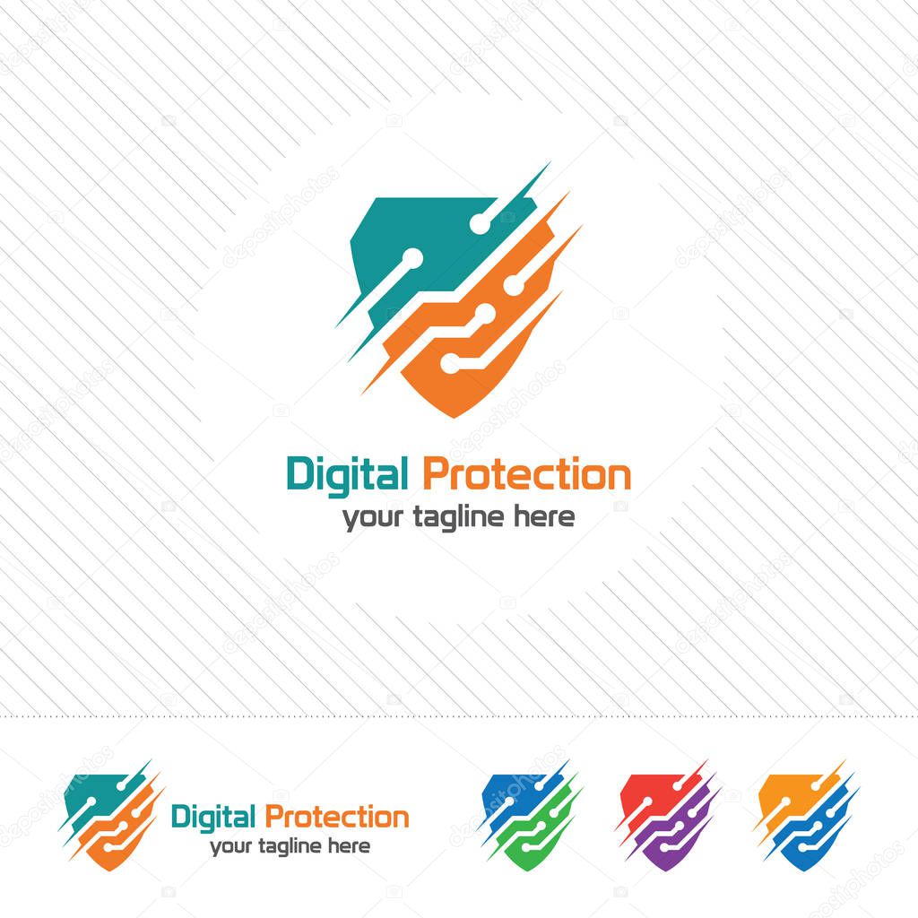 Shield security logo design vector. Security guard symbol icon. Protection shield vector with technology symbol.