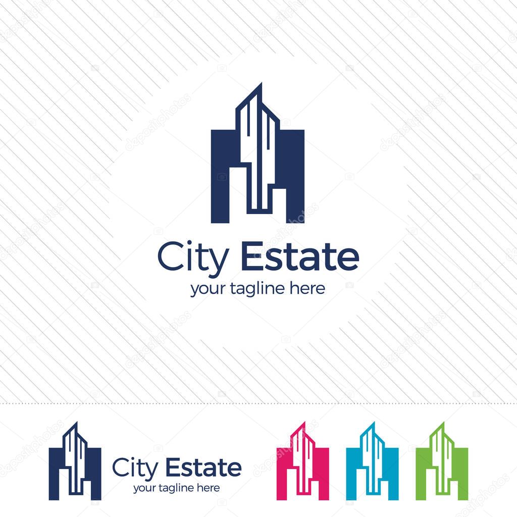 Real estate logo design vector with flat color concept. Clean and modern design of real estate and city building logo template.