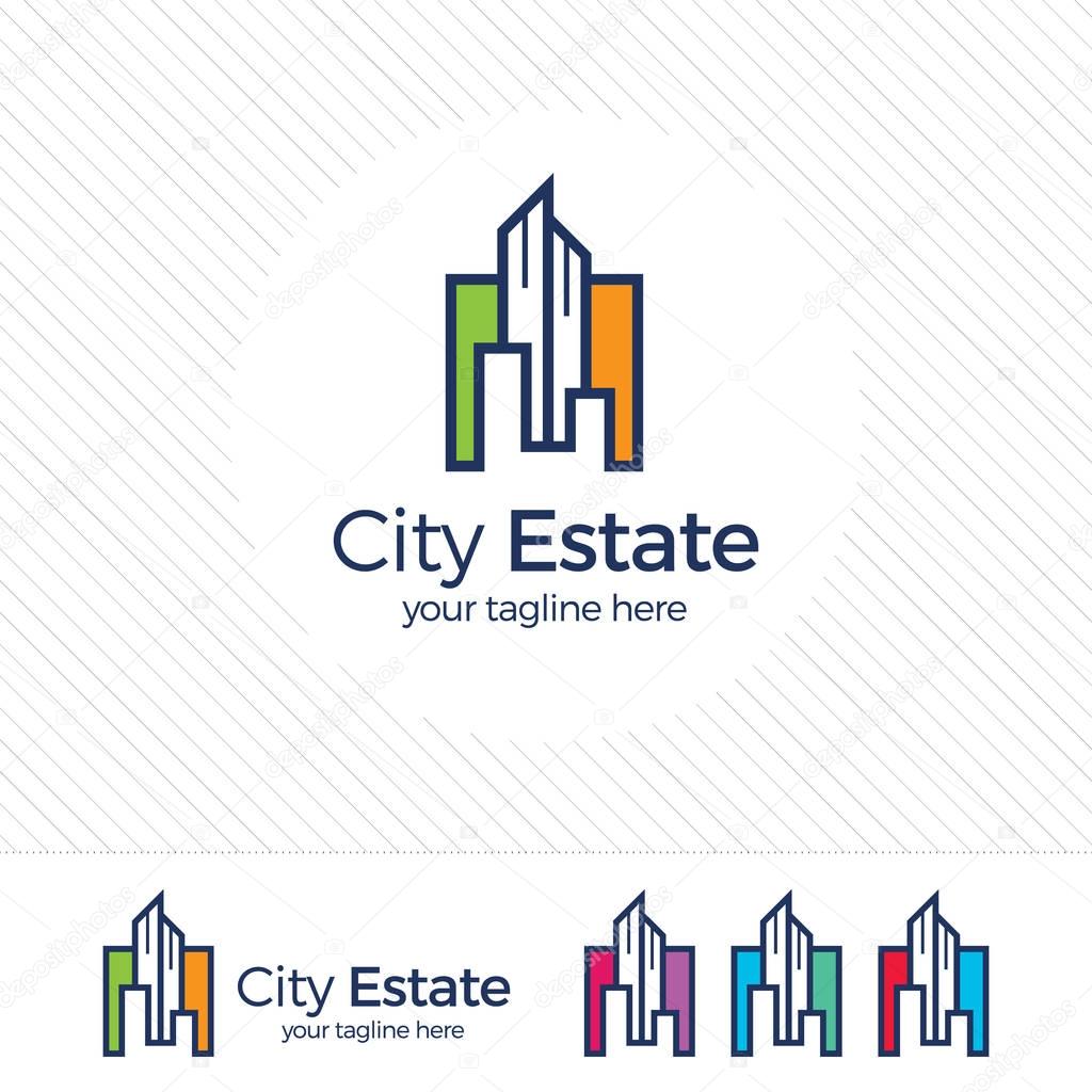 Real estate logo design vector with flat color concept. Clean and modern design of real estate and city building logo template.