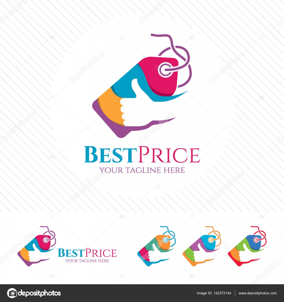 Price tag logo design with thumb up vector . Shopping logo concept for