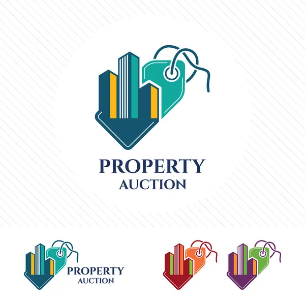 Дизайн логотипу цінника з нерухомістю та вектором нерухомості. Концепція логотипу аукціону для купівлі, продажу або пошуку цін на нерухомість . — стоковий вектор