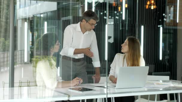 El grupo empresarial discutiendo el proyecto, en una habitación detrás del cristal — Vídeos de Stock