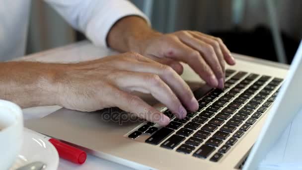 Close-up of hands. Office worker, businessman uses a laptop computer — Stock Video