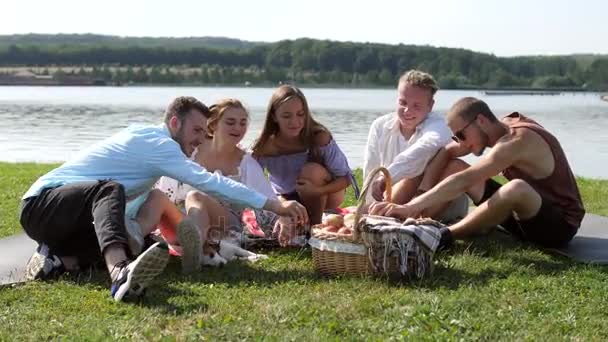 Amigos felices con perro beagle en el picnic cerca del lago . — Vídeos de Stock