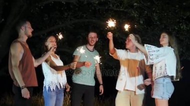 Gece havai fişek havai fişekleri ile hafta sonu oturan genç neşeli insanlar.