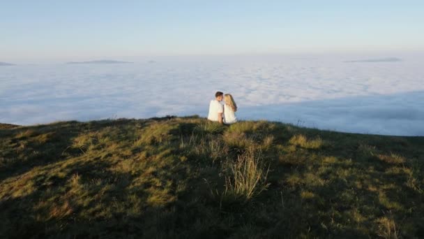 Vue de derrière. Randonneurs regardant la vue. Vue aérienne — Video