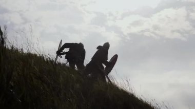İki savaşçı Viking siluetleri kılıç ve kalkanlar mücadele.