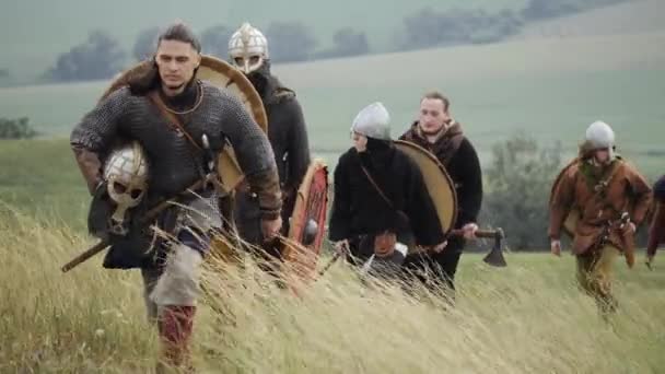 Gruppe mittelalterlicher Wikinger mit Schilden, die auf der Wiese vorwärts laufen — Stockvideo