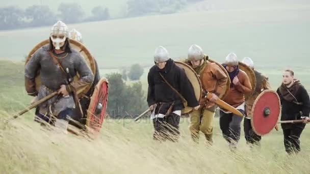 Група вікінгів з щитами, що йдуть вперед на лузі — стокове відео