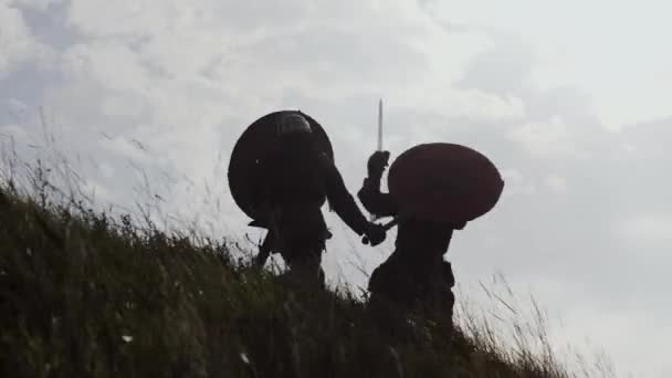 Silhouetten van twee krijgers Viking vechten met zwaarden en schilden. — Stockvideo