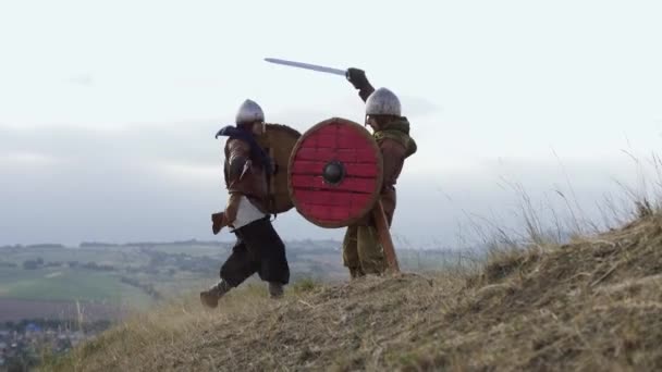 Два воина-викинга сражаются на лугу с мечами и щитами. . — стоковое видео
