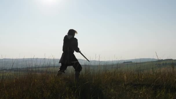 Silhouette d'un Viking pratiquant l'utilisation de l'épée pour la bataille . — Video