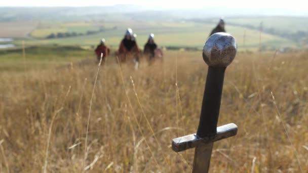 Meč lepení v zemi na backgrond jít Vikingové — Stock video