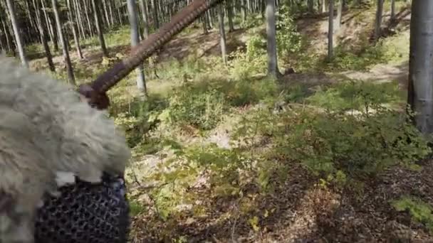 Vikingos corriendo en el bosque para luchar en una batalla — Vídeos de Stock