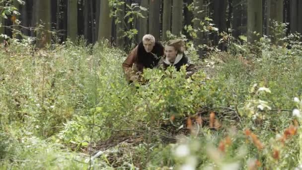 Mittelalterliche Wikinger untersuchen das Territorium im Wald — Stockvideo