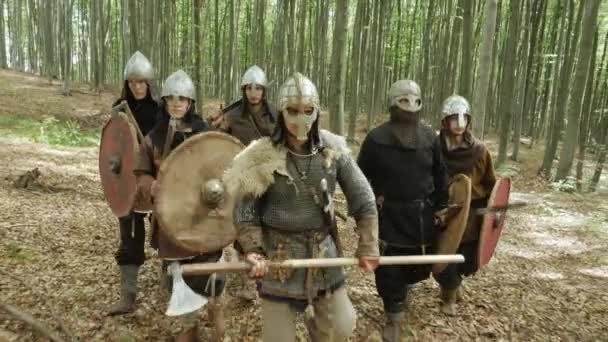 Воины викингов идут в лес на битву . — стоковое видео
