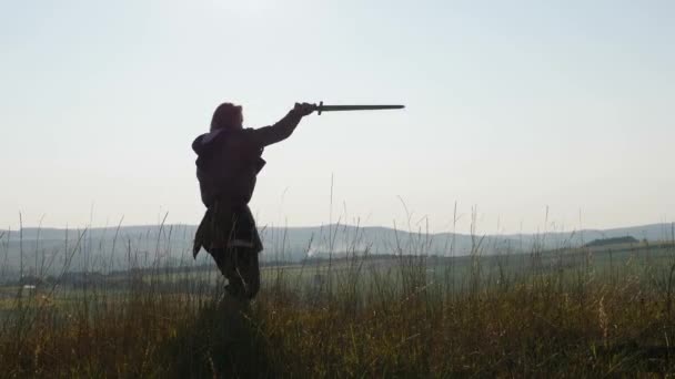 Silhouette eines Wikingers, der den Kampf mit dem Schwert übt. — Stockvideo