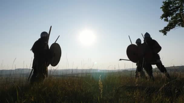 Silhouetten van Vikingen krijgers vechten met zwaarden, schilden. Contre-jour — Stockvideo