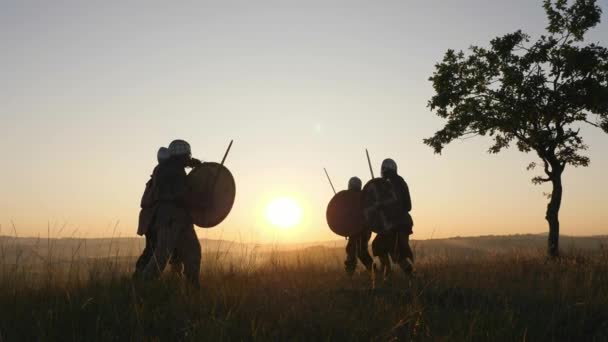 Siluety bojovníků Vikingy, nebo bojovat s meči, štíty. Contre-jour — Stock video