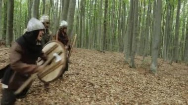 Viking savaşçıları mücadele saldırı sırasında vardır. Kalkanlar isabet Vikingler.