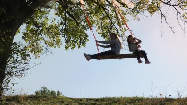 Dos chicas balanceándose en un columpio bajo un árbol . — Vídeos de Stock