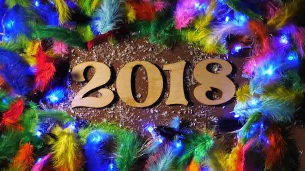 Numéros 2018 sur le fond brun avec des plumes colorées et guirlande clignotante — Video