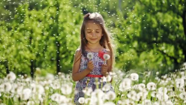 Retrato de uma menina no jardim com dentes de leão sorrindo — Vídeo de Stock