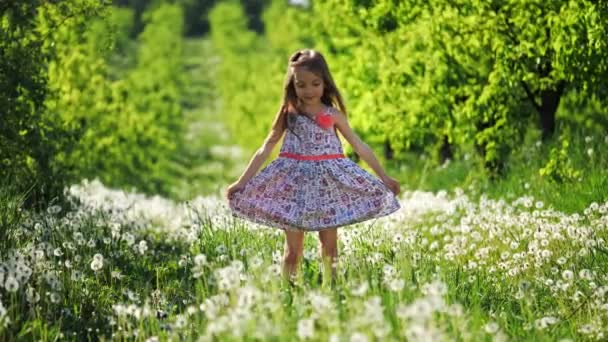 Ein kleines Mädchen spinnt an einem sonnigen Tag im Garten mit Löwenzahn. Zeitlupe. — Stockvideo