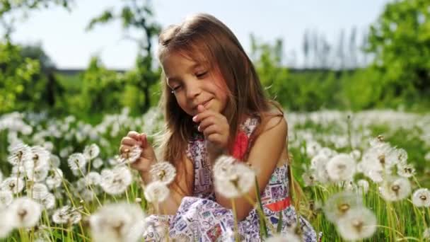 Retrato de una niña en el jardín con dientes de león. Movimiento lento . — Vídeos de Stock