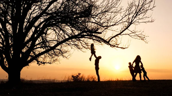 Siluetas de familia pasando tiempo juntos en el prado cerca durante el atardecer — Foto de Stock