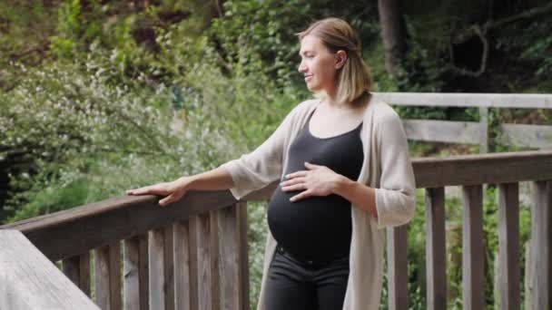 Gravid kvinna promenader längs terrassen nära fjällsjön. — Stockvideo