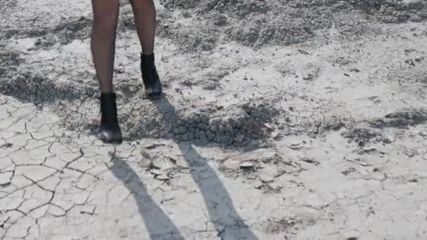 Piernas femeninas en medias de rejilla, una mujer brutal caminando por un páramo — Vídeos de Stock