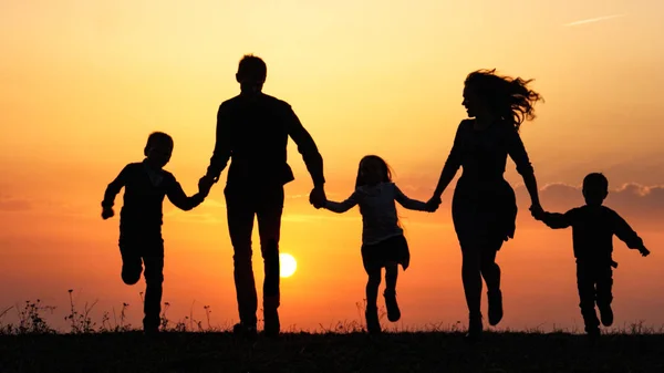 日没時に、草原で手をつないで幸せな家族のシルエット. — ストック写真