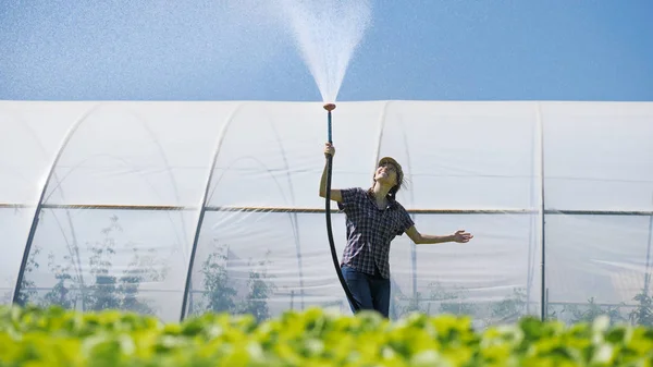 Bonito agricultor irriga mudas jovens verdes no campo perto da estufa — Fotografia de Stock