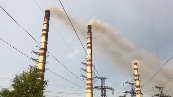 De industriële zone met een grote rode en witte pijp dikke witte rook wordt gegoten uit de fabriekspijp. Verontreiniging van het milieu: een pijp met rook. — Stockvideo
