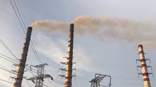 La zona industrial con una gran tubería roja y blanca de humo blanco grueso se vierte desde la tubería de la fábrica. Contaminación del medio ambiente: una tubería con humo . — Vídeos de Stock