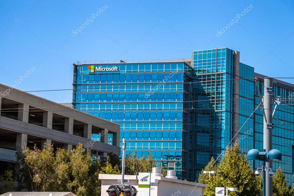 Mountain View, California, United States - August 15, 2016: Microsoft sign adorns the facade of a Microsoft Headquarters building, hardware division, in Santa Clara in Silicon Valley.