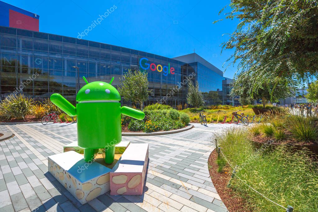 Mountain View, California, USA - August 15, 2016: Android Nougat replica in front of Google office in Google headquarters building.