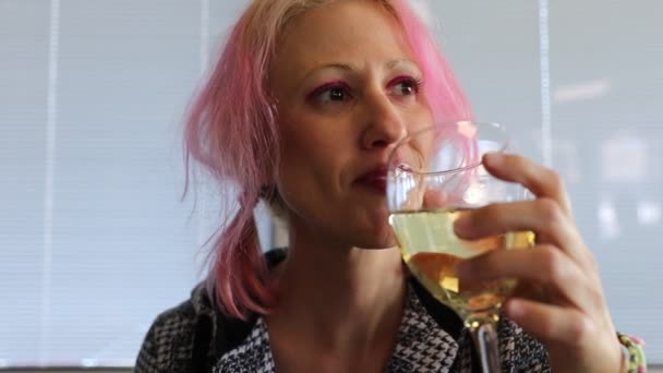 Drunk woman with wine — Stock Video