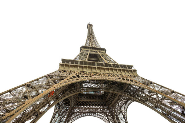 Prospective view of Tour Eiffel, symbol and icon of Paris. Bottom view of Eiffel Tower isolated on white background and copy space. Paris, France, Europe.